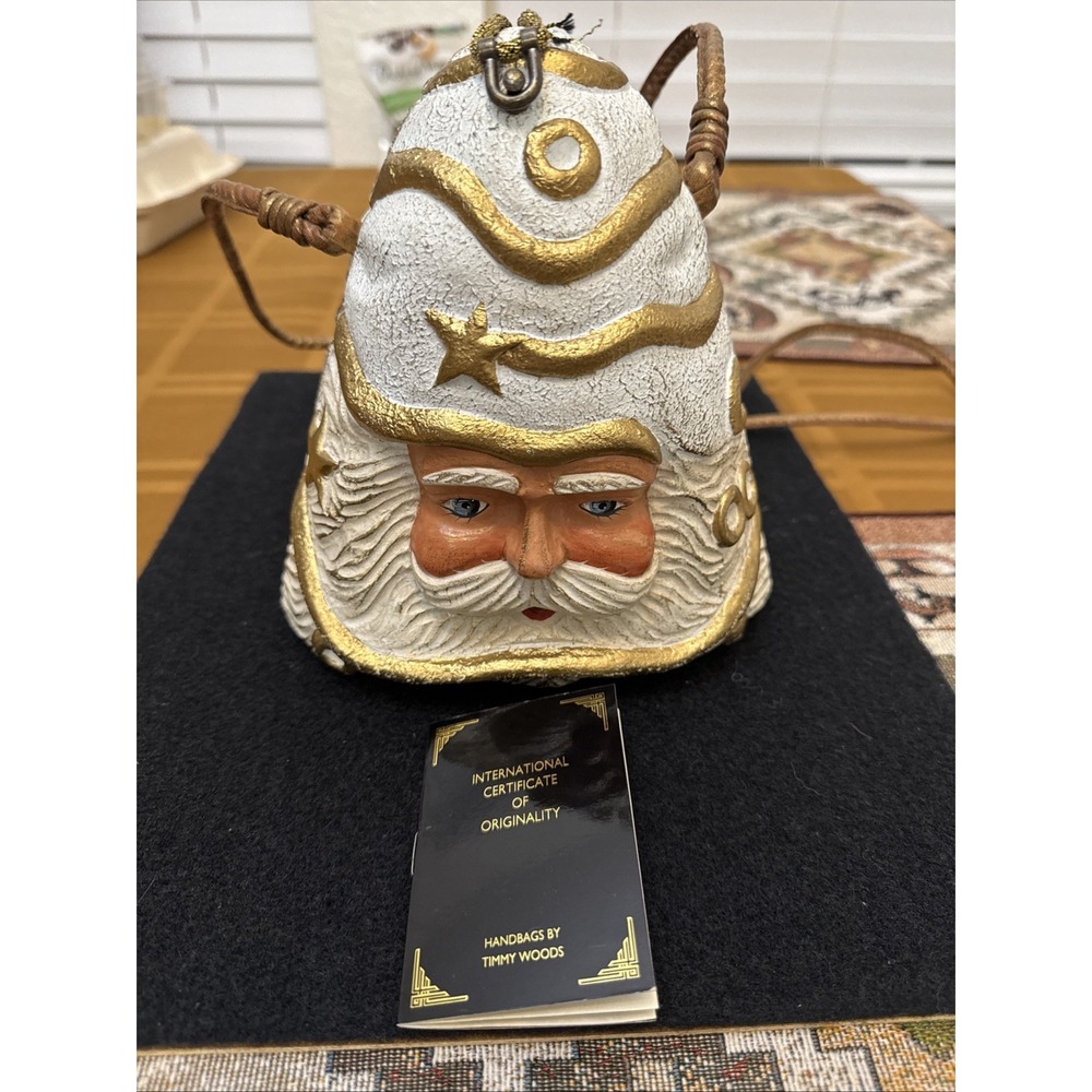Timmy Woods Beverly Hills Wood Carved Santa Claus Face Purse Christmas Tree Bag